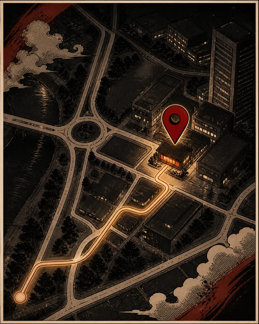 Mapa ilustrado em estilo mangá indicando a localização do Kobi Izakaya