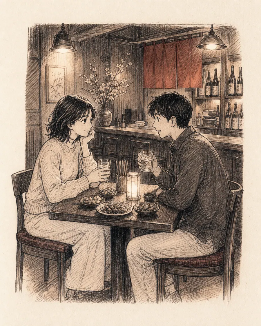 Ilustração em estilo mangá de duas pessoas conversando em uma mesa no Kobi Izakaya